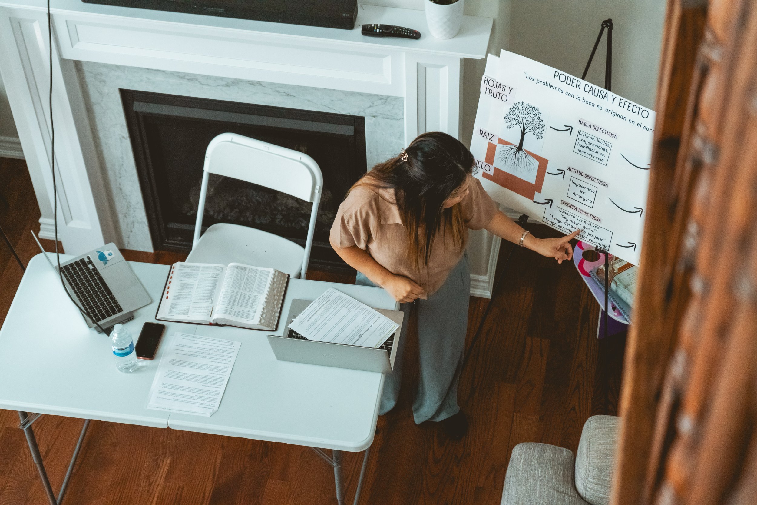 Overhead view of a person giving a presentation next to a table with a laptop, an open book, papers, and a water bottle. The person points to a poster on a stand with a diagram and text in Spanish. The setting is a room with a fireplace and wood floo