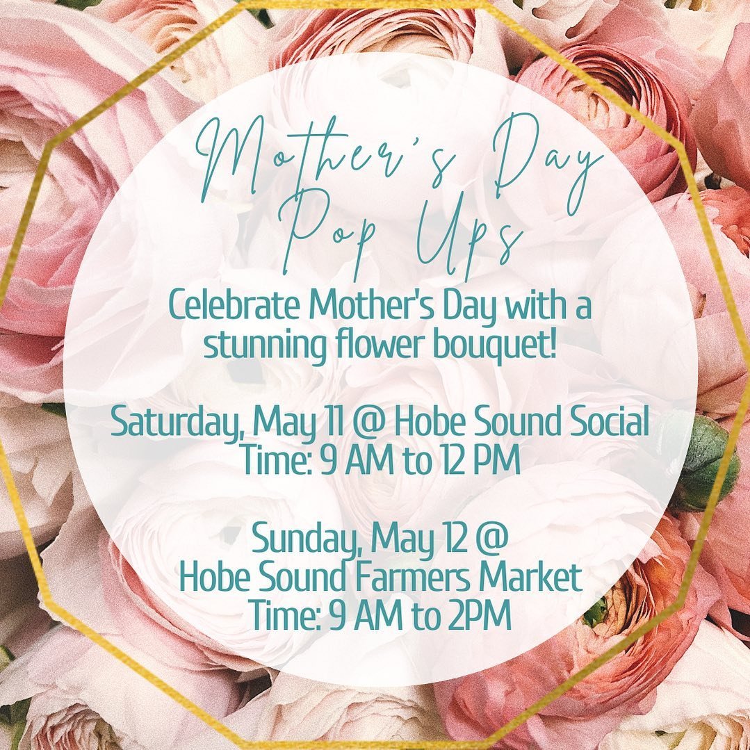 New Pop Up added! Come pick up a bouquet for the Mom in your life! We will be @hobesoundsocial on Saturday, May 11 9-12 and @hobesoundfarmersmarket on Sunday, May 12 from 9-2! Or until sold out! Can&rsquo;t wait to see you ❤️🌸💐
