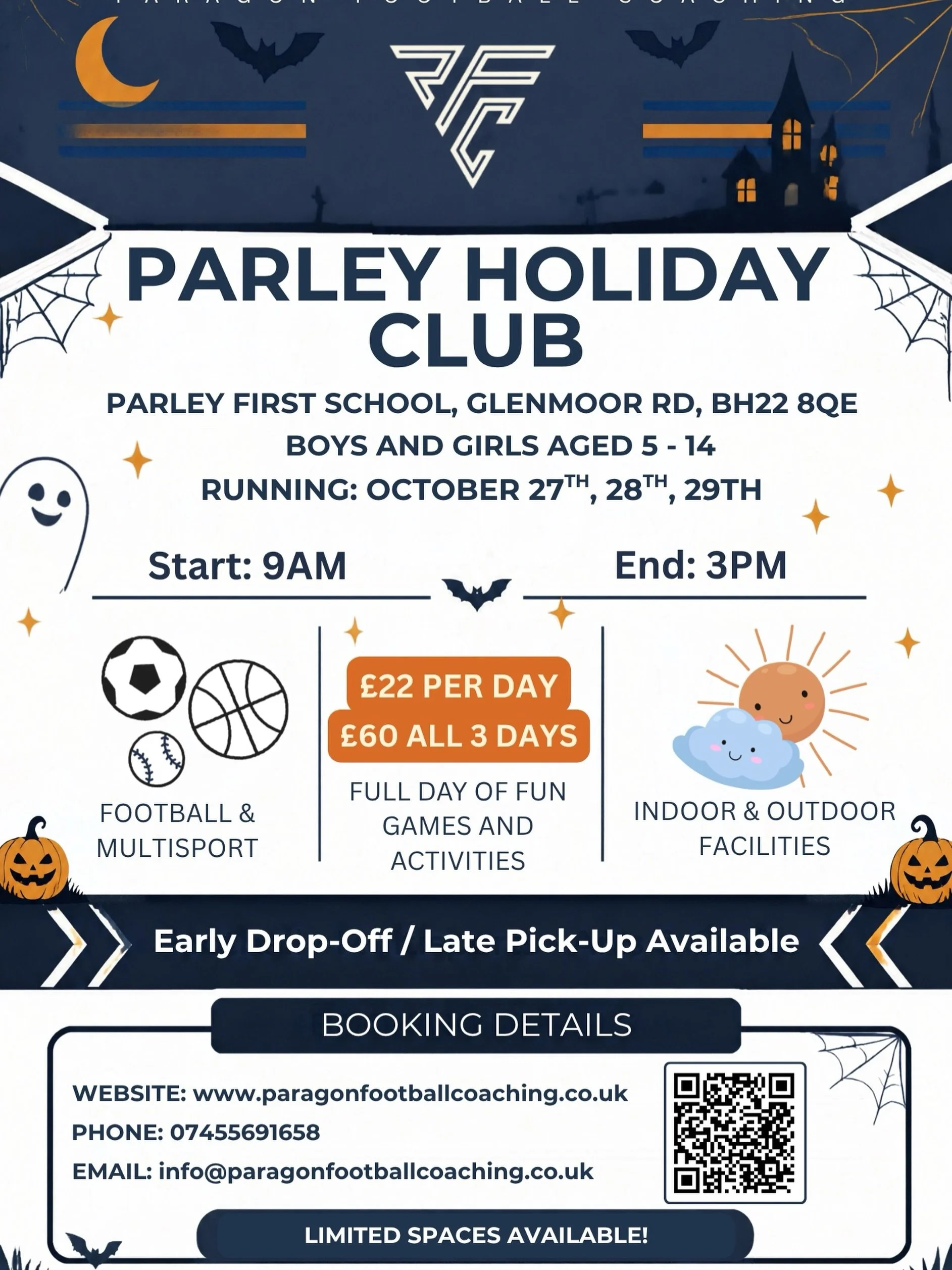 ⚽️🎃 Half-Term Football is Back! 🎃⚽️

We&rsquo;re back at Parley for 3 days of football and Halloween-themed activities this half-term. 🕸️

We have indoor and outdoor facilities ready to go, so the sessions will run smoothly whatever the weather de