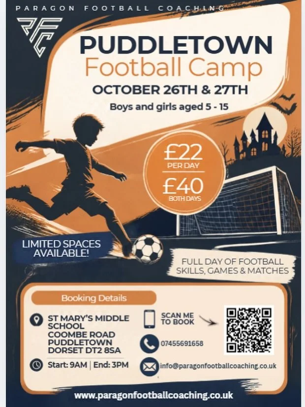 ⚽️️🎃 PUDDLETOWN HALLOWEEN FOOTBALL CAMP 🎃⚽️️

We&rsquo;re back at Puddletown for 2 days of non-stop football skills, games and Halloween fun this October half-term! 🕸️👻

With both indoor and outdoor facilities available at St Mary&rsquo;s, sessio
