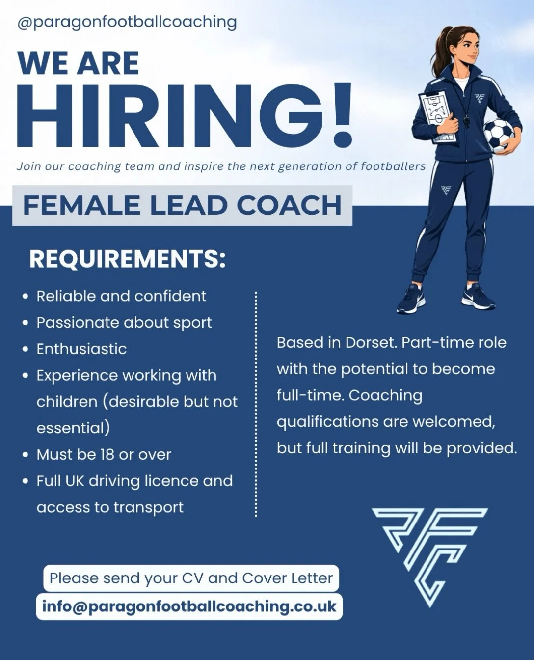 ⚽ WE&rsquo;RE HIRING: FEMALE LEAD COACH ⚽

Are you passionate about sports and empowering the next generation? We&rsquo;re looking for an enthusiastic, reliable female role model to inspire our young female players and lead our growing football commu