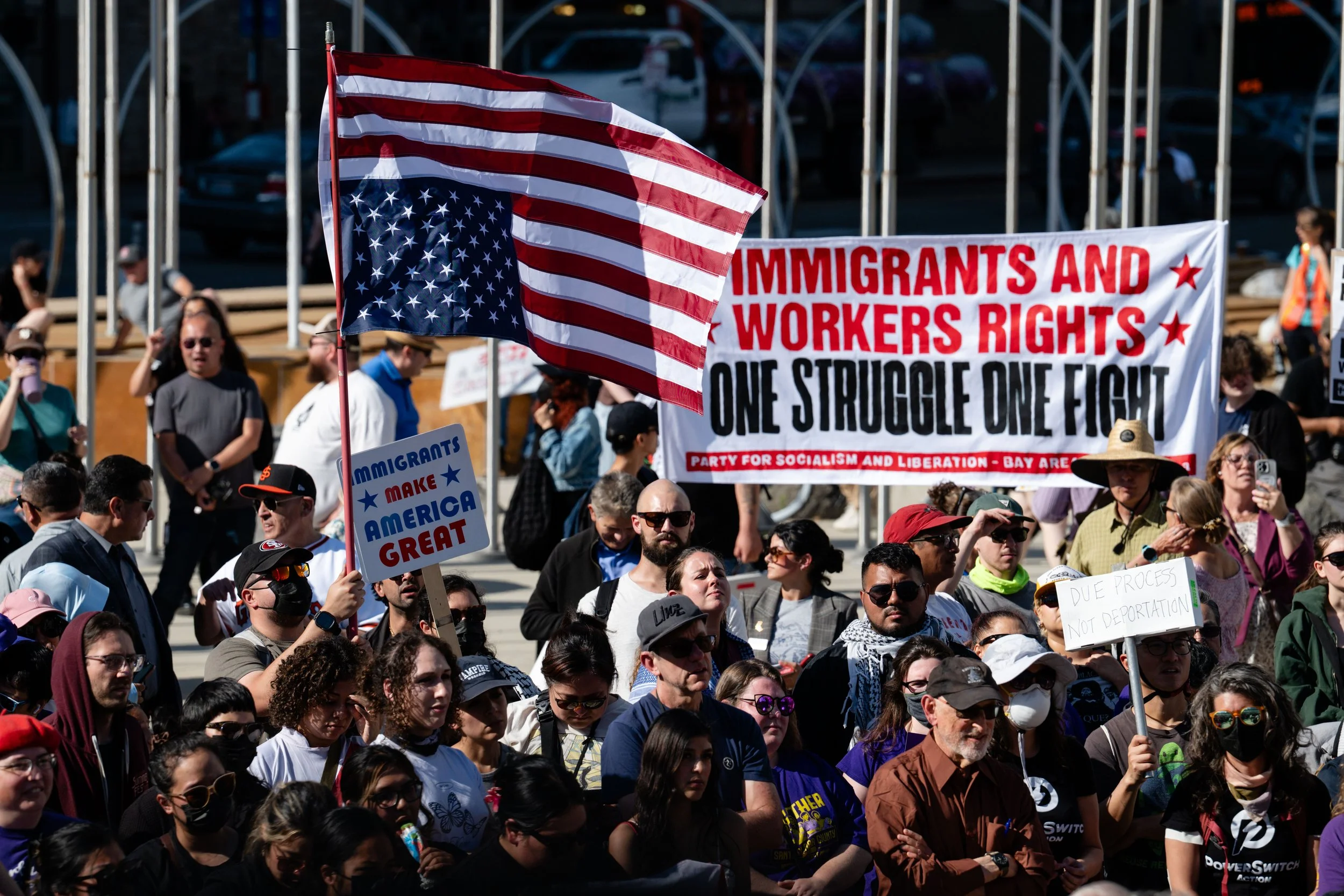 An upside-down American flag is seen as demonstrators, activists, and protesters gather and rally against Immigration and Customs Enforcement (ICE) outside of San Jose City Hall in San Jose, Calif., Monday, June 9, 2025. | Thien-An Truong for Bay Are