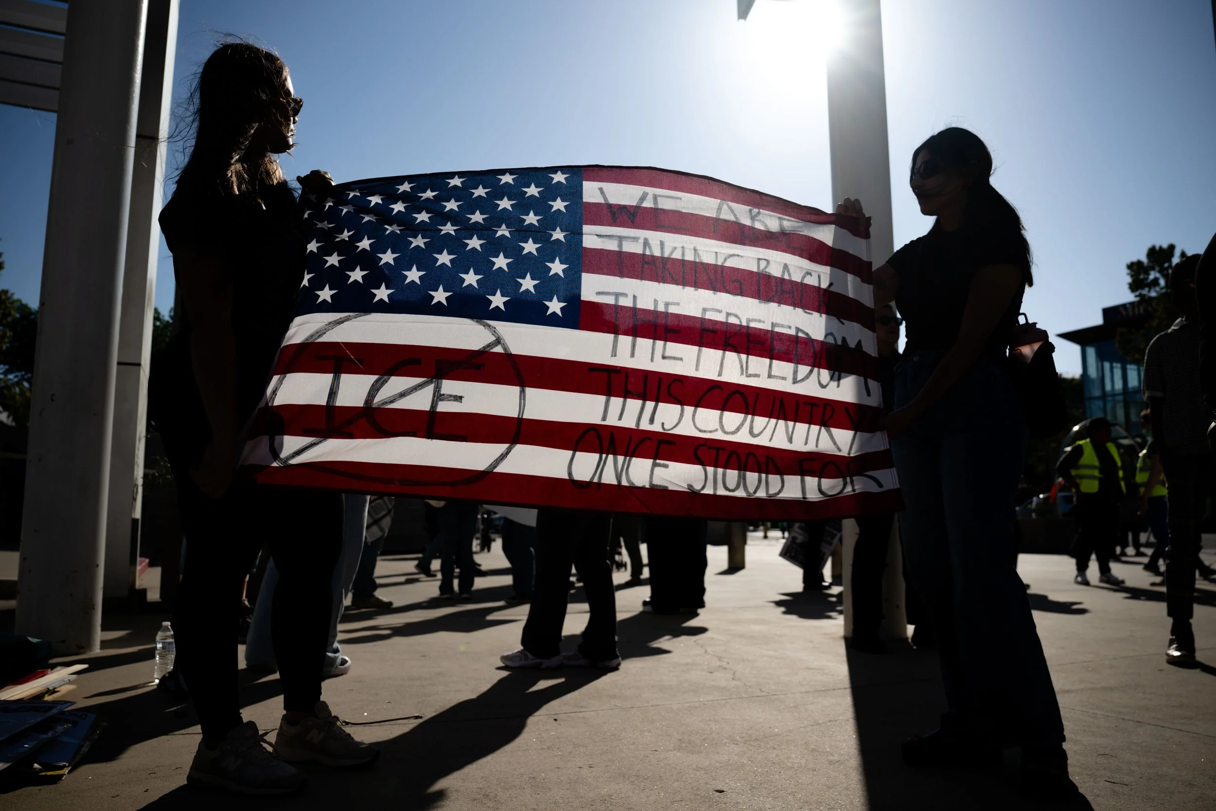 Demonstrators, activists, and protesters gather and rally against Immigration and Customs Enforcement (ICE) outside of San Jose City Hall in San Jose, Calif., Monday, June 9, 2025. | Thien-An Truong for Bay Area News Group
