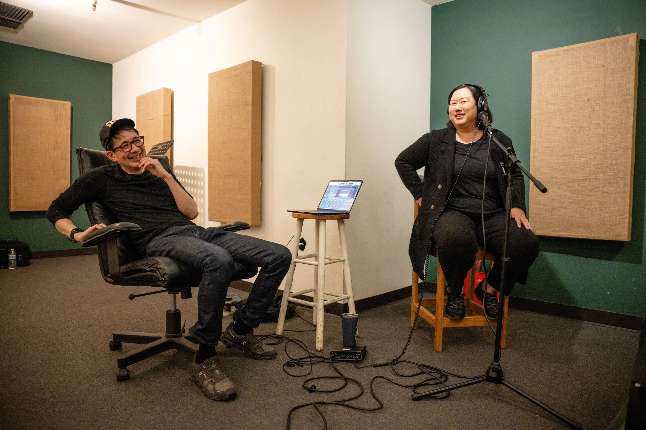 Korea Girl original members Tobin Mori, left, and Elizabeth Yi take a moment in between takes during a recording session in Campbell, Saturday, Dec. 27, 2025. | Thien-An Truong/For the S.F. Chronicle