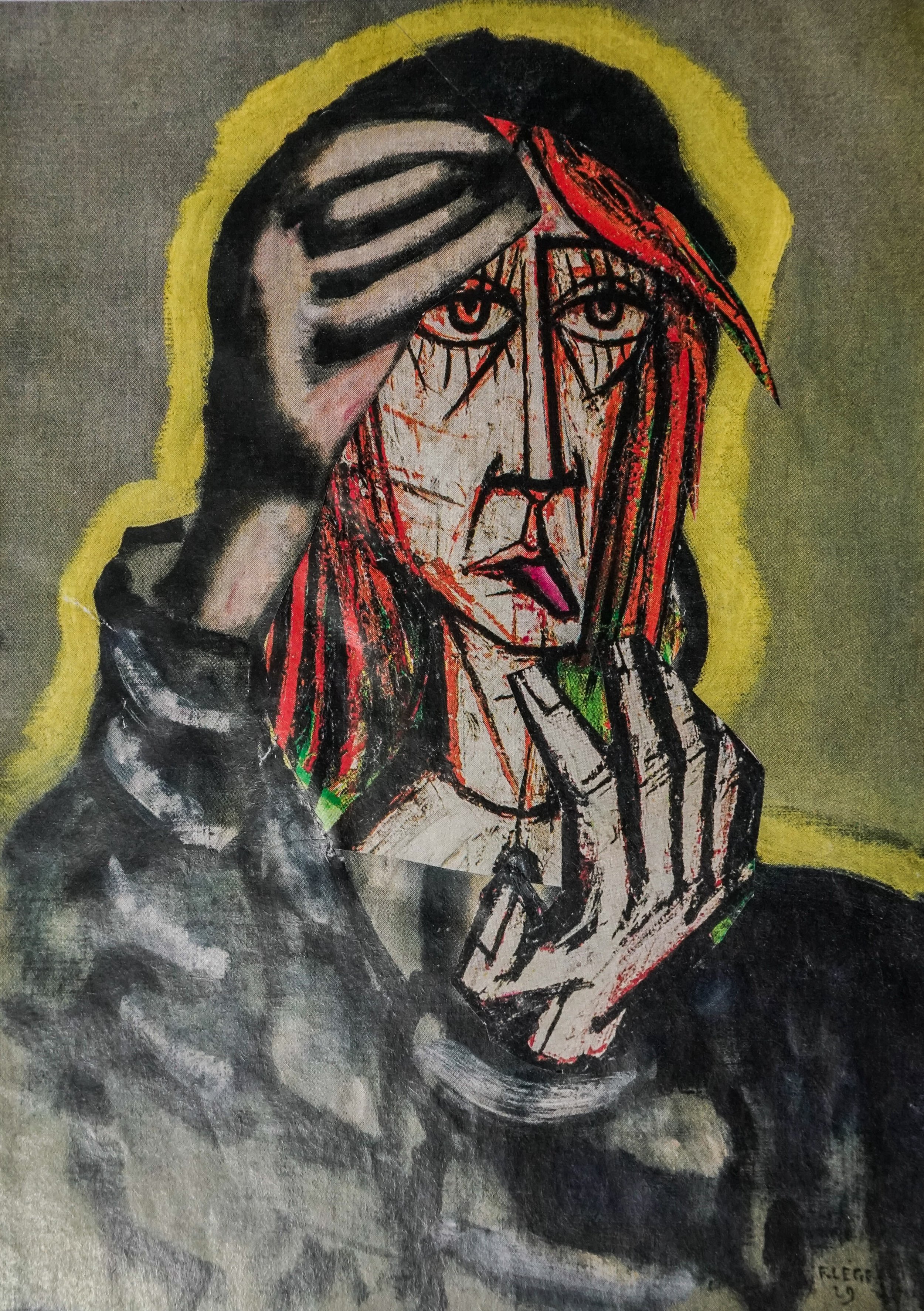 Portrait of Leger/Modigiliani, 2023, Collage of mixed printed art catalogs, 4.5”w x6.25”h
