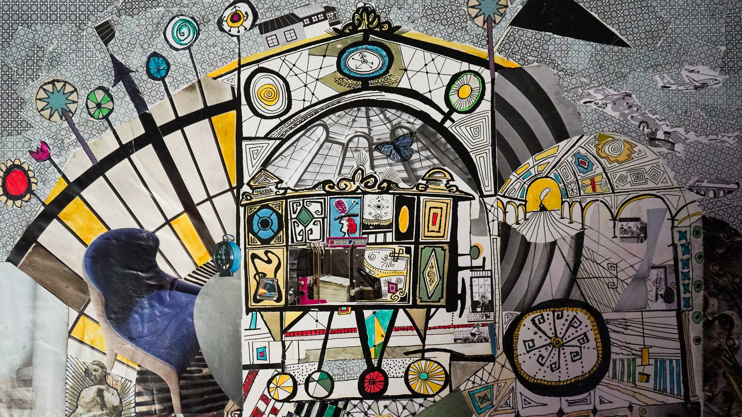Fantasy Station, 2022, Collage of Mixed printed materials, Pen and Ink, marker, colored pencil, 21.25”w x 15.25”