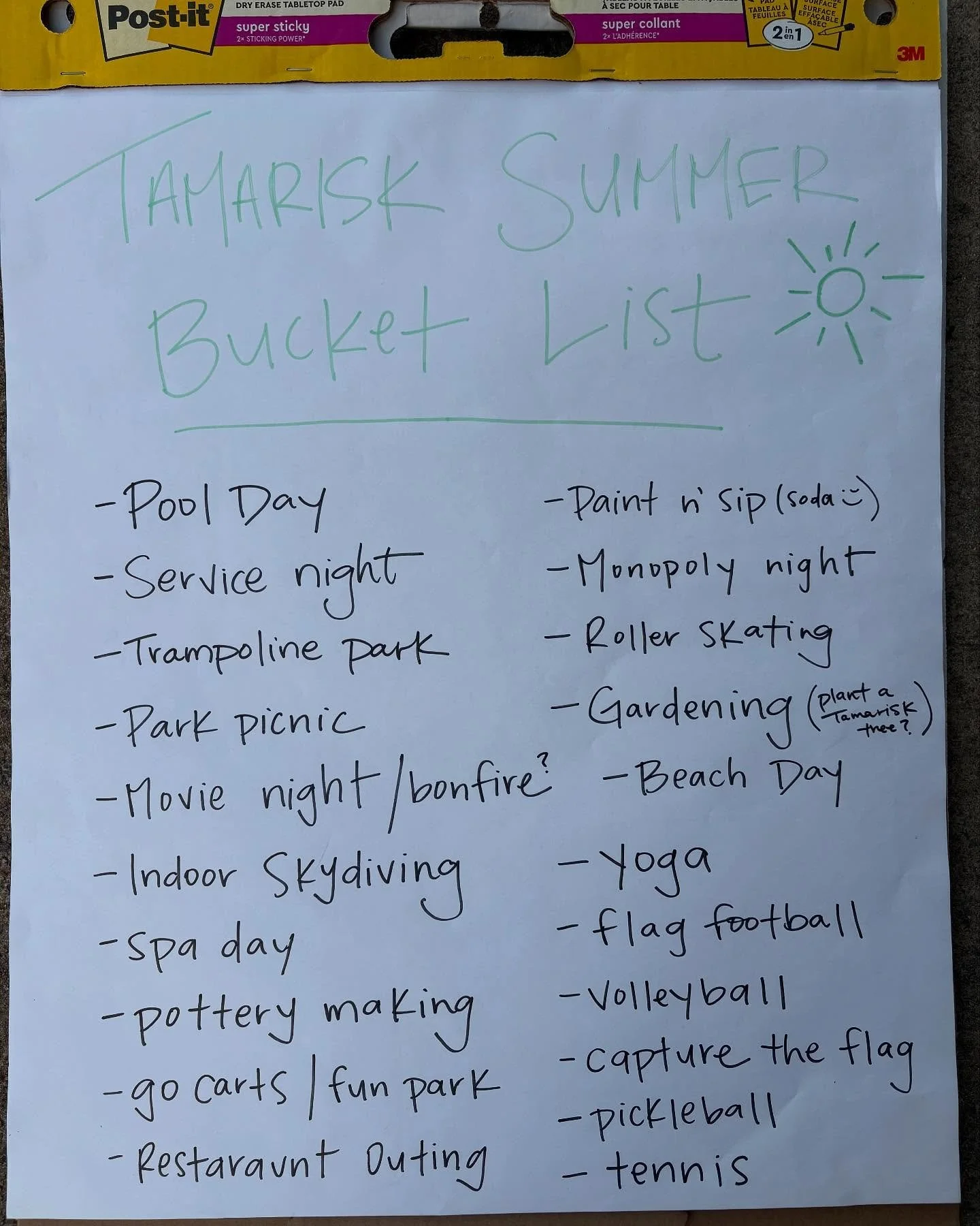 We brainstormed this list last night at our gathering and we are SO excited for tamarisk summer! A big THANK YOU to our donors and volunteers that allows us to share fun and corrective experiences with our young people, and build this community. 💛 
