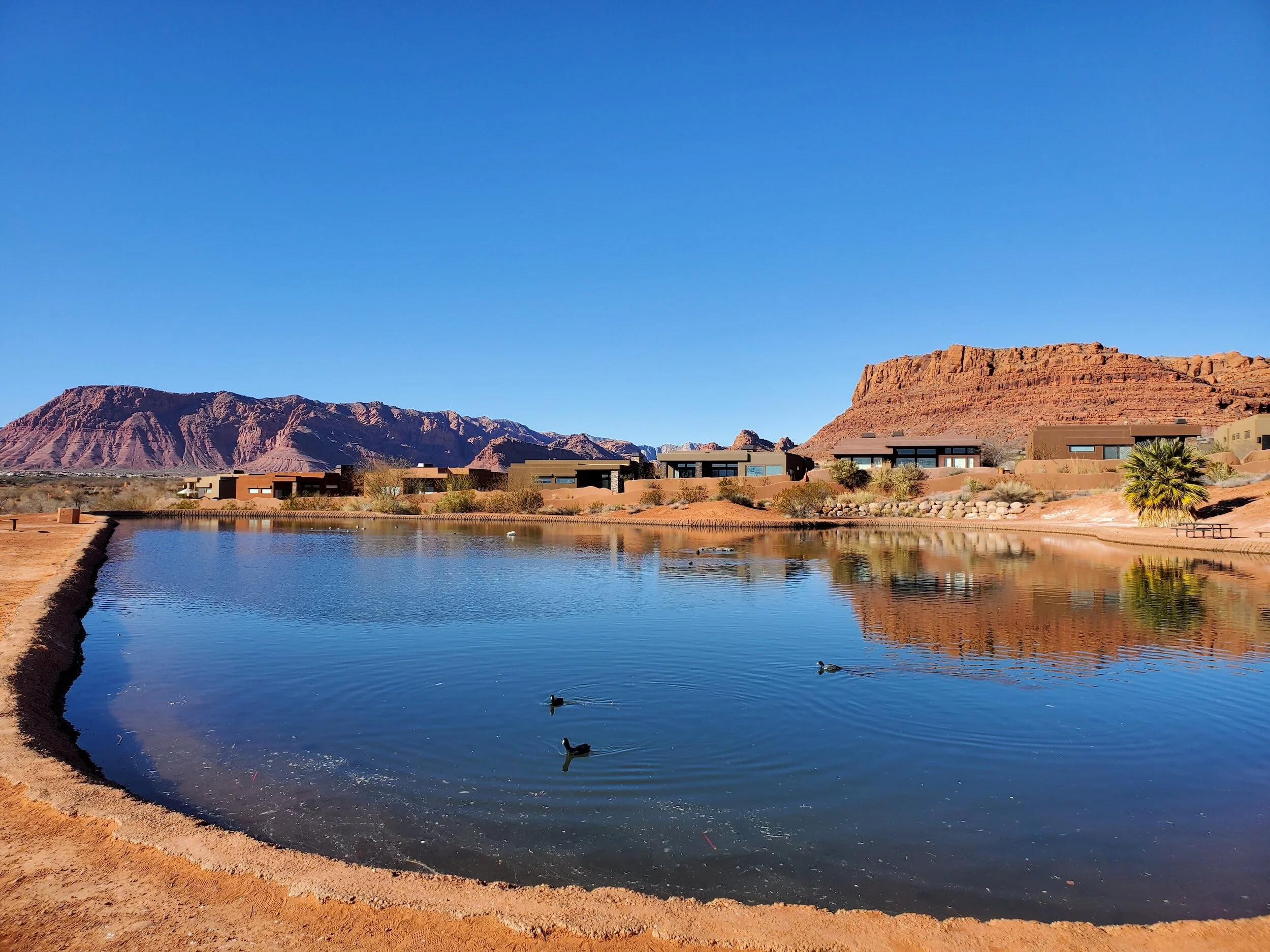 A desert landscape with a body of water, modern houses along the shore, and red rock mountains in the background under a clear blue sky.
