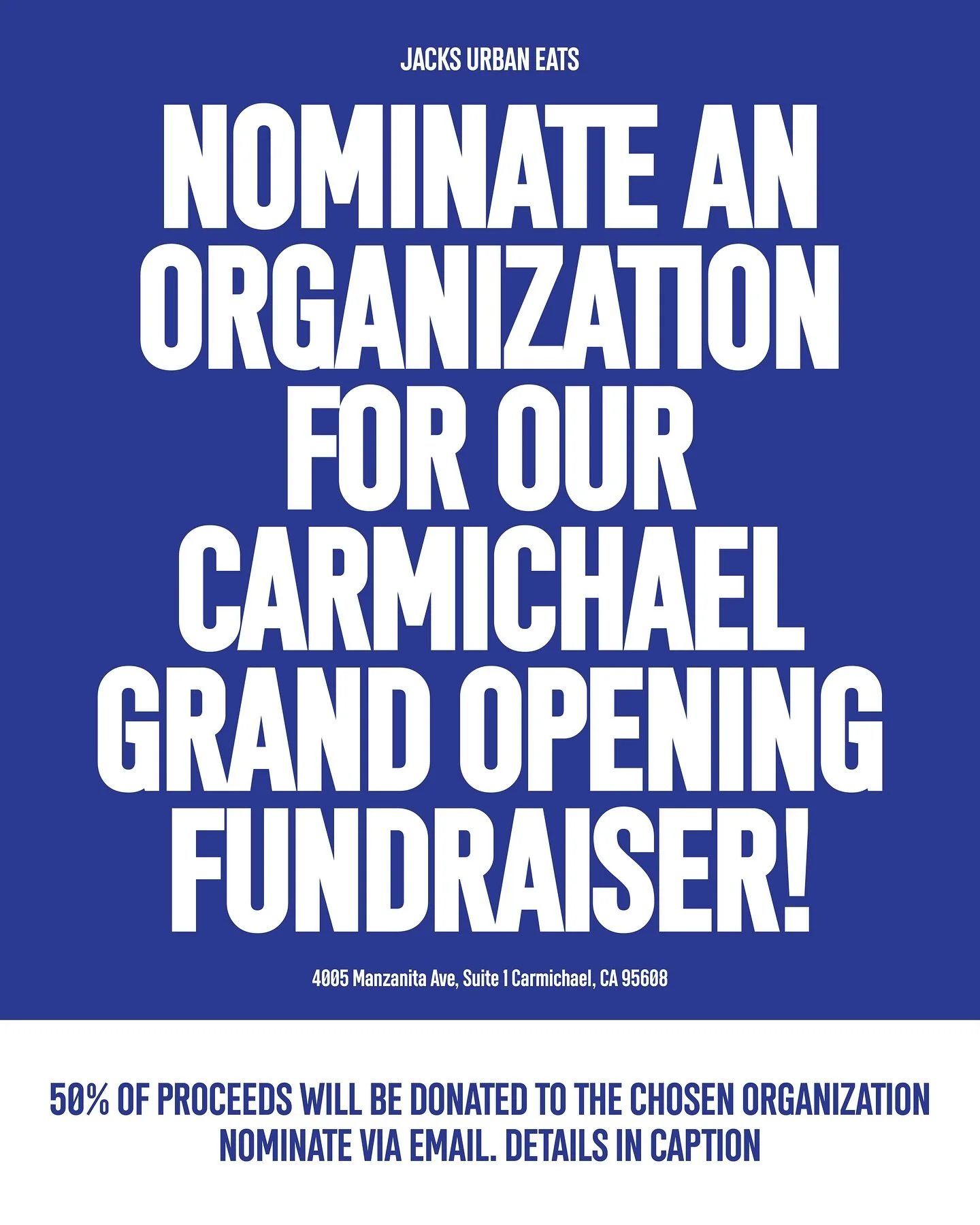 We&rsquo;re gearing up for our Carmichael grand opening and want to give back.

We&rsquo;re on the hunt for a local organization, school, or sports team to partner with for our grand opening fundraiser. 50% of all proceeds will go to the selected gro