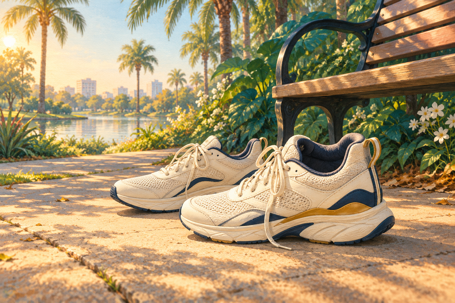 Cream athletic sneakers beside a park bench overlooking a sunny, palm-lined lake.