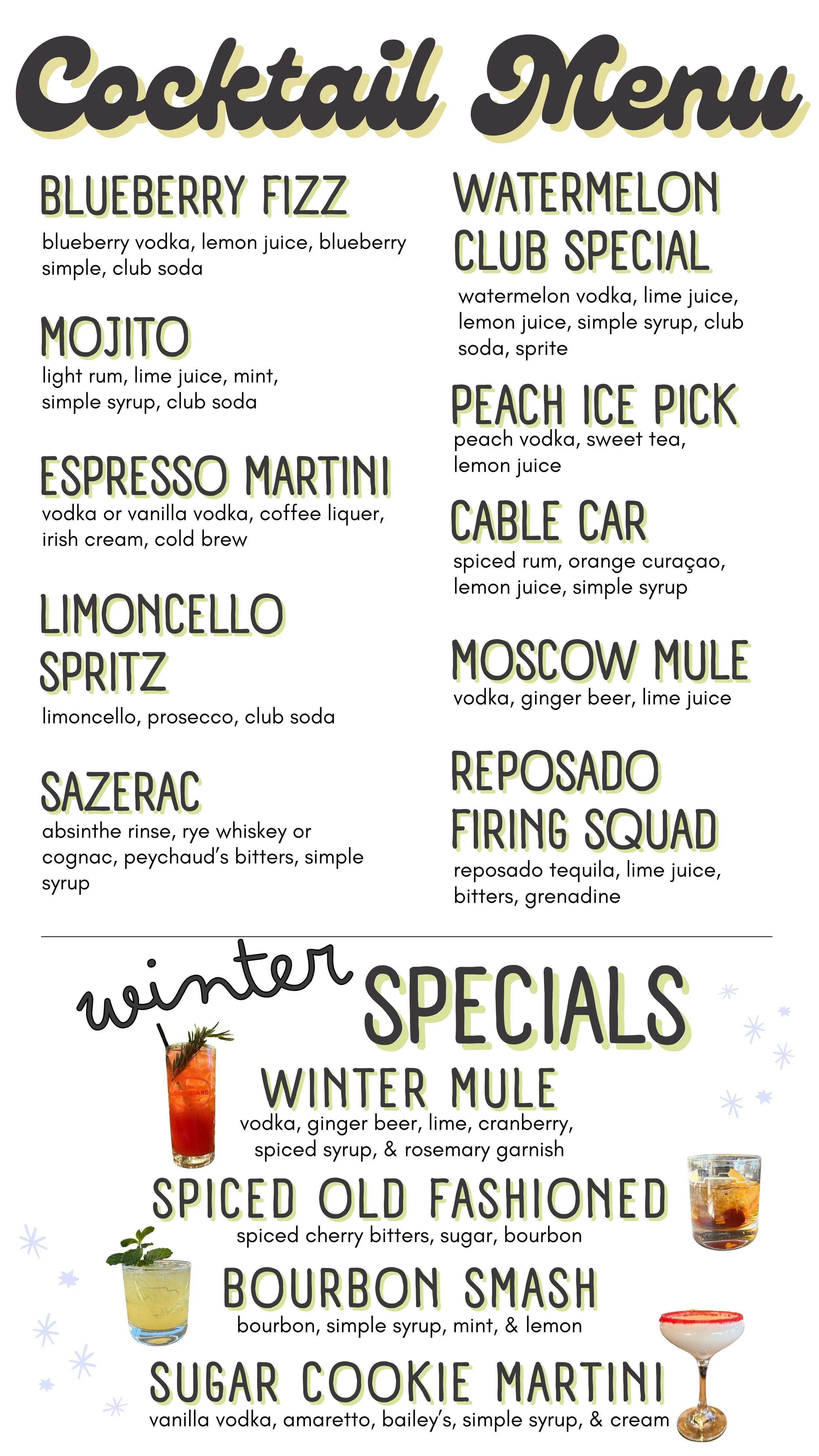Menu featuring cocktails and winter specials, including blueberry fizz, watermelon club special, mojito, peach ice pick, espresso martini, cable car, limoncello spritz, Moscow mule, sazerac, reposado firing squad, winter mule, spiced old fashioned, bourbon smash, and sugar cookie martini.