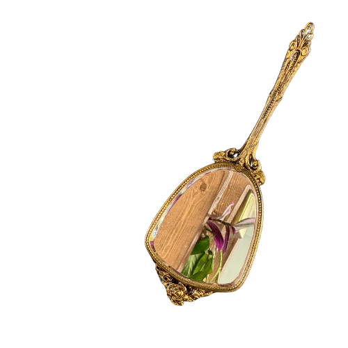 Gold decorative hand mirror with intricate handle, reflecting a blurred background with a potted plant and a wooden surface.