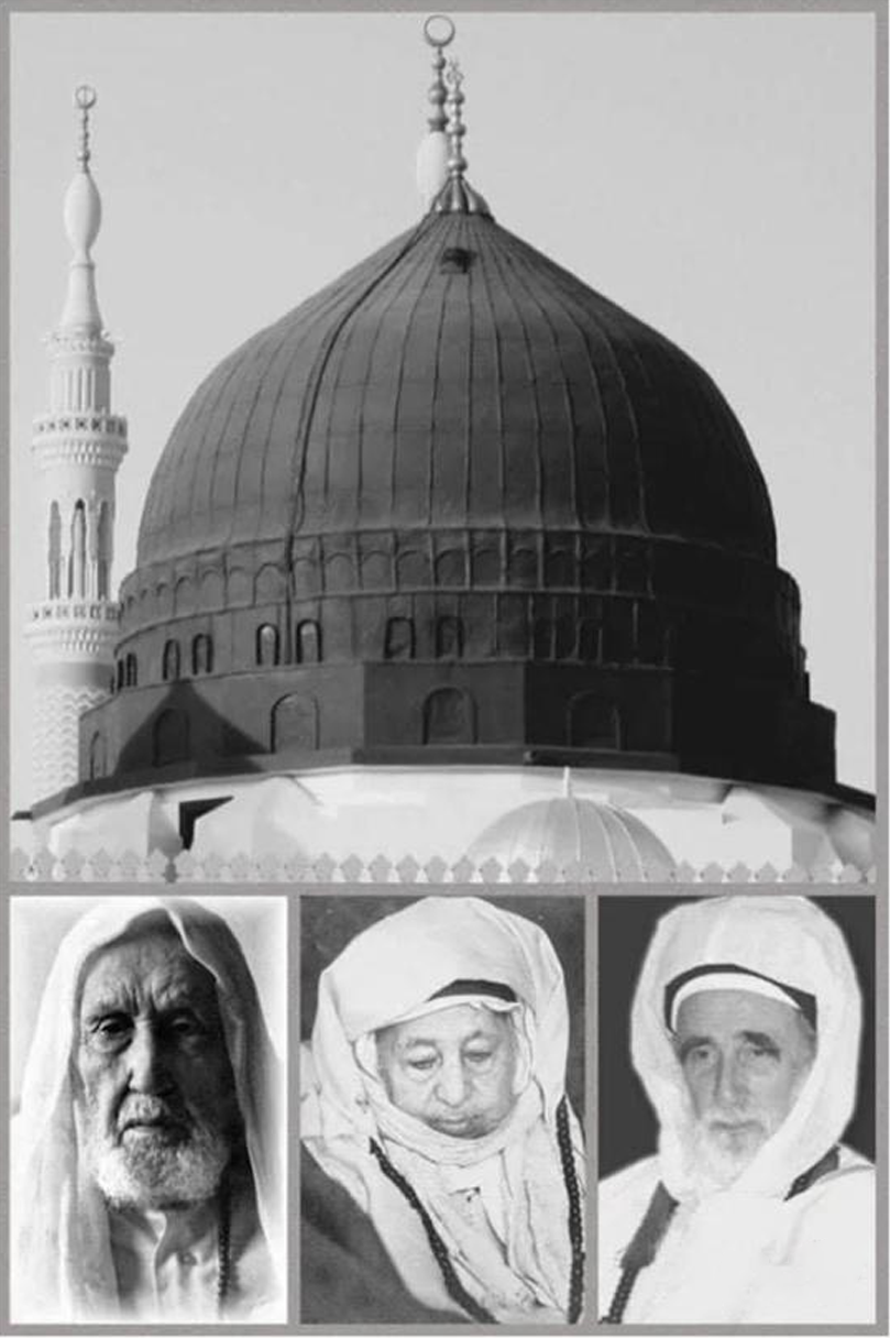 A black and white illustration of a large domed mosque with minarets, featuring three elderly men in traditional Middle Eastern attire below.