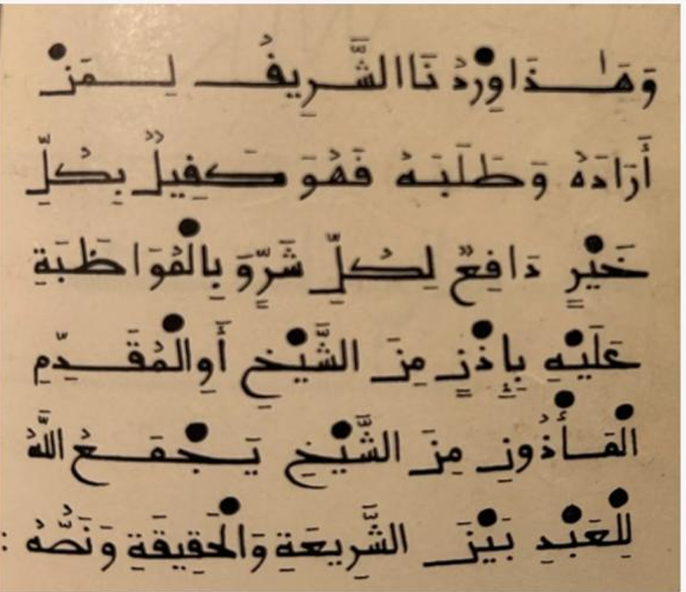 Arabic script with black dots and inscribed text on a beige background; appears to be a religious or poetic text.