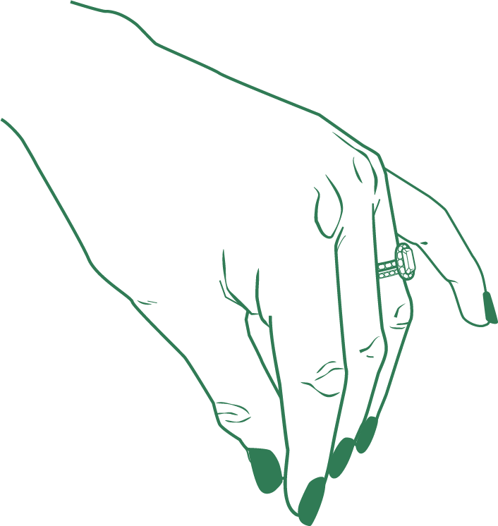 Line drawing of a hand with fingers slightly bent, wearing a ring on the ring finger.