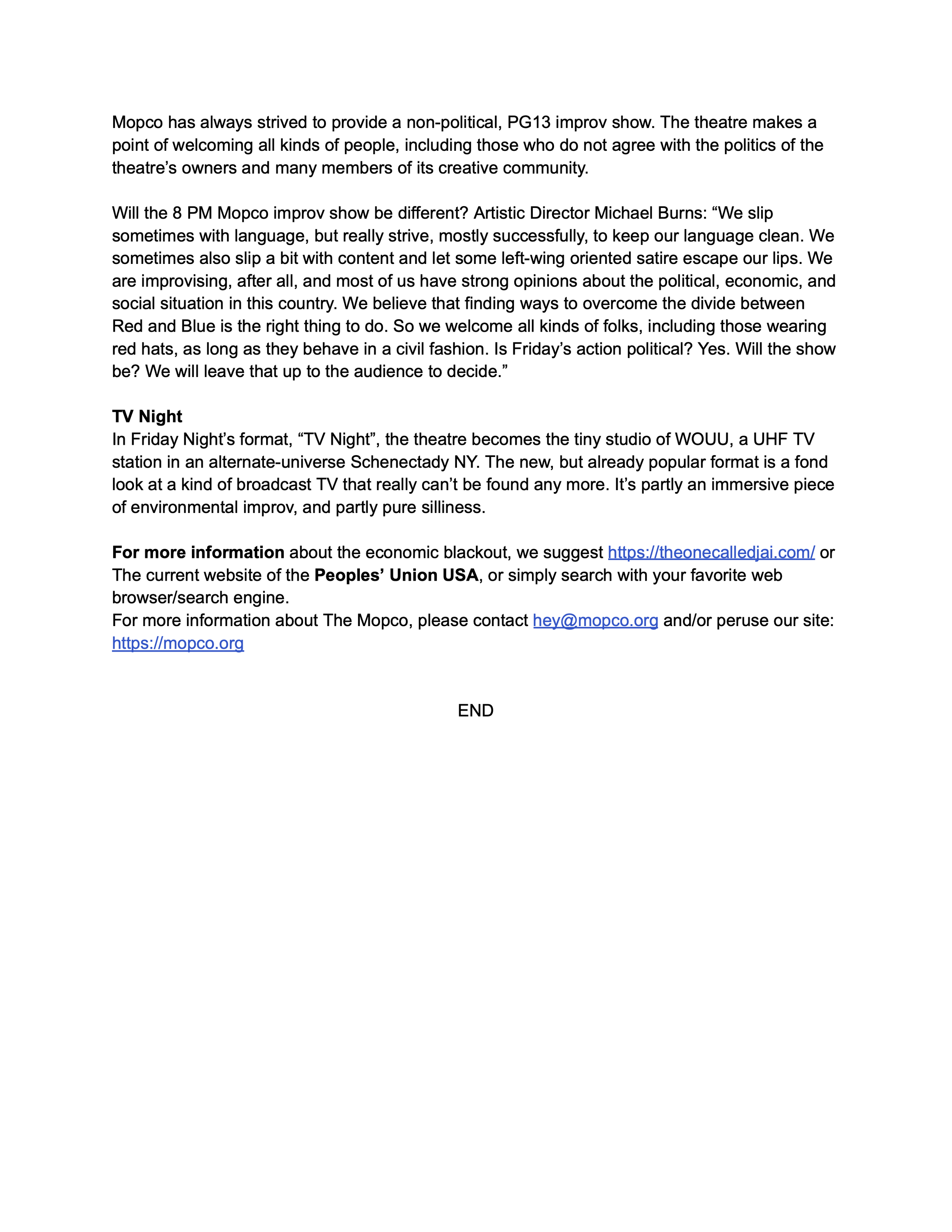 Screenshot of a text document describing MOPCO's improv show, TV Night, and providing contact information and website links.
