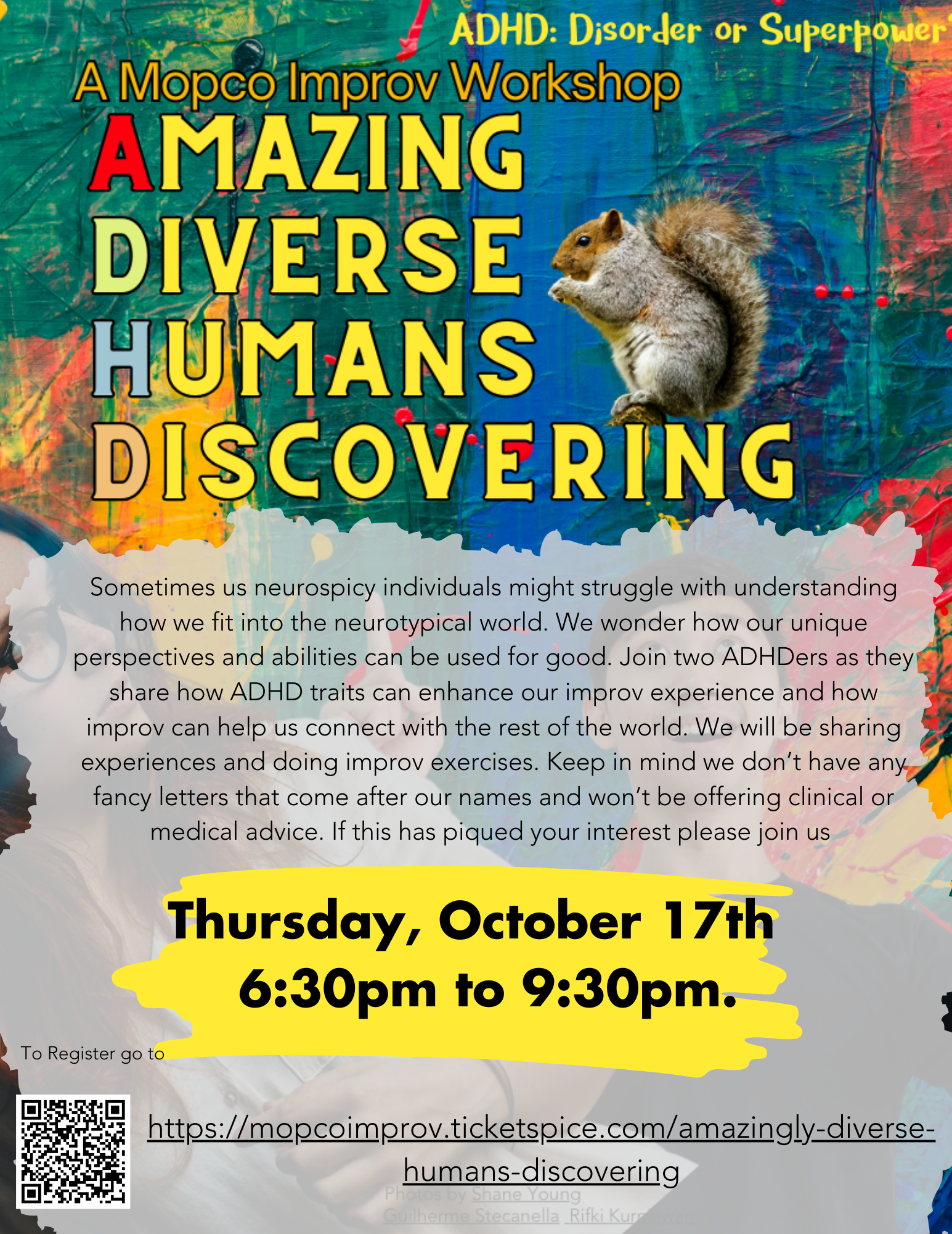 Colorful promotional poster for a Mopco Improv Workshop titled 'Amazing Diverse Humans Discovering.' Features a squirrel on the right, over a vibrant, abstract background, with event details in bold yellow and black text at the bottom.