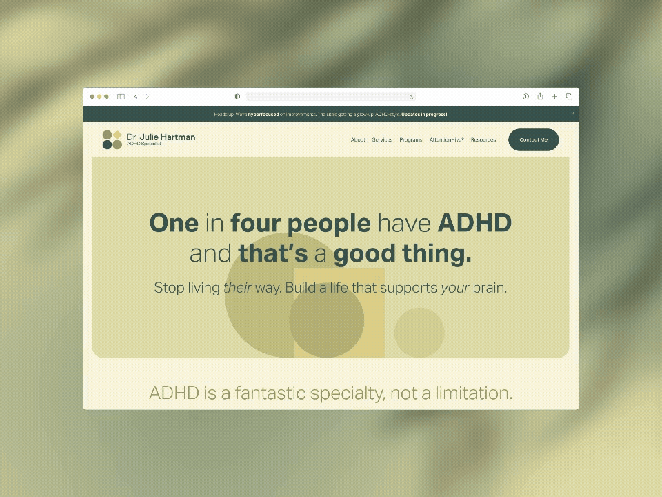 Dr Julie Hartman website styles | ADHD Accessibility Navigation Example