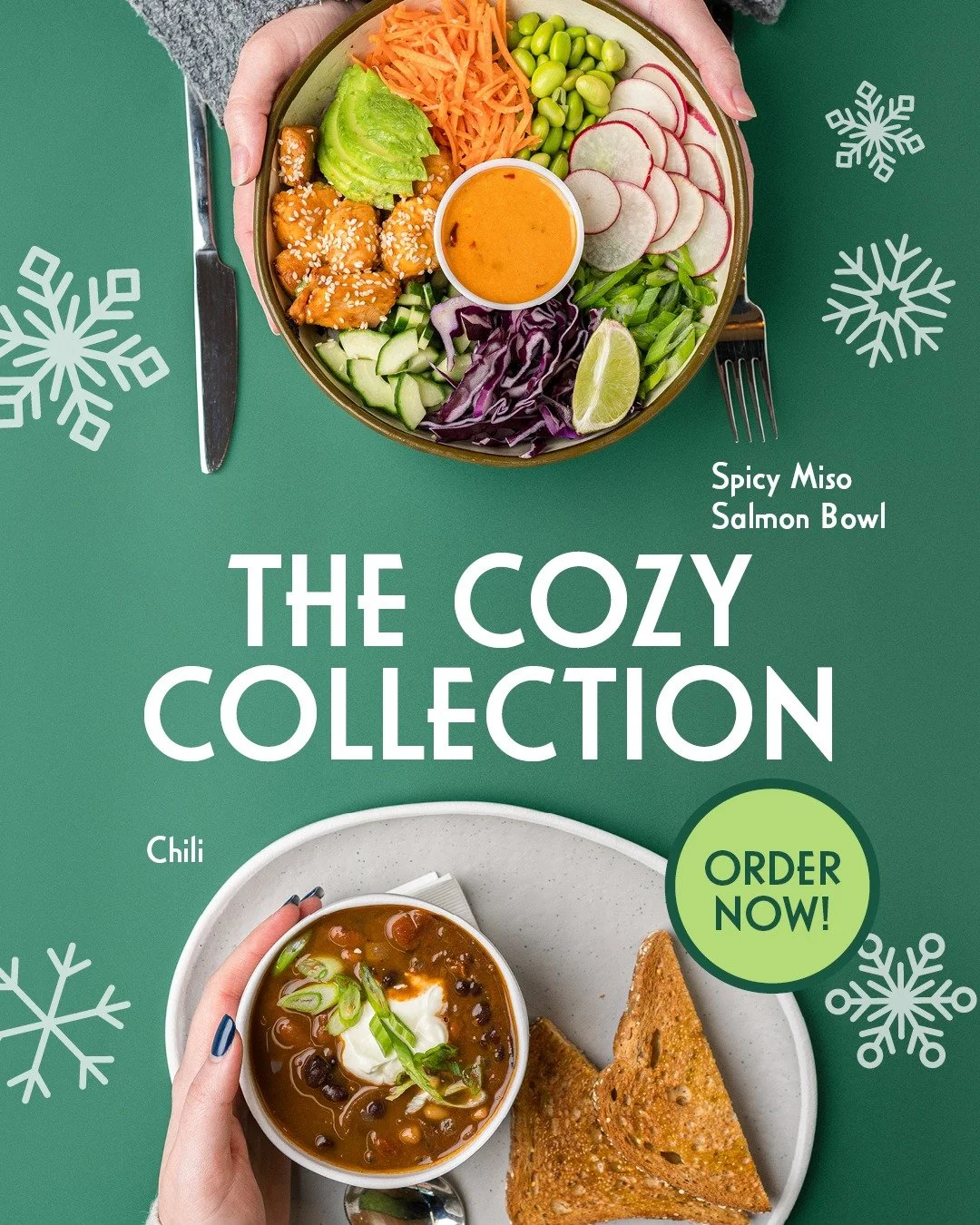 Our cozy season starts now ❄️🥣

Meet The Cozy Collection! Our winter lineup designed for comfort, flavour, and balance.

✨ Chili &mdash; a hearty, vegetarian bowl topped with sour cream and green onion, served with toast
✨ Spicy Miso Salmon Bowl &md