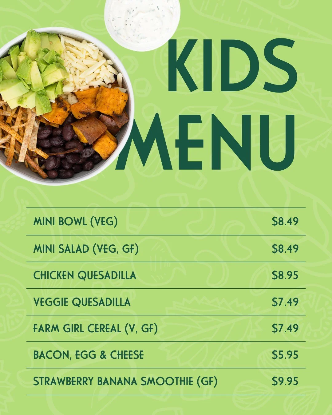 We&rsquo;ve loved welcoming you into our HARVEST locations for so long, and now we&rsquo;re just as happy to serve the littlest members of your crew!

Our Kids Menu is made with fresh ingredients and kid-approved flavours, so the whole family can enj