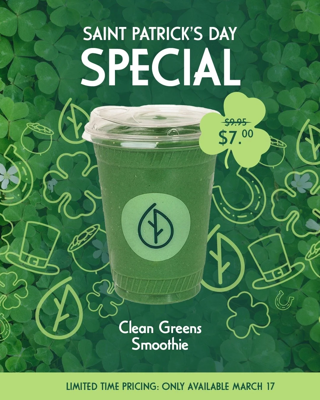 Saint Patrick&rsquo;s Day calls for something a little extra green ☘️💚

For ONE DAY ONLY, our Clean Greens Smoothie is just $7. Consider this your sign to sip something fresh!

*Available March 17th only. In-store and HARVEST app only.