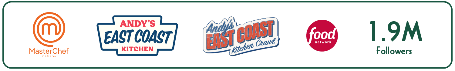 Logos of MasterChef Canada, Andy's East Coast Kitchen, Andy's East Coast Kitchen Crawl, Food Network, and a follower count of 1.9 million.