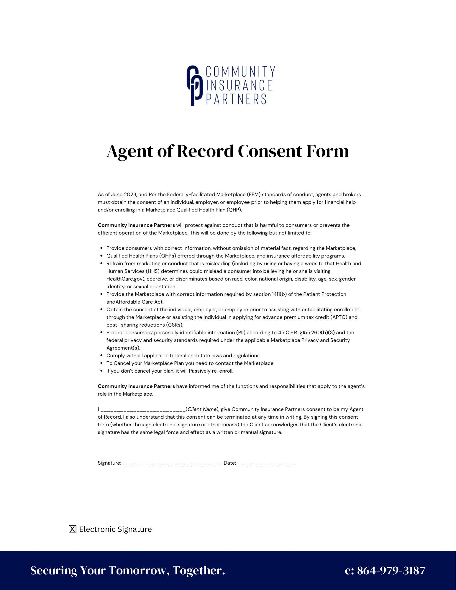 Agent of Record Consent Form from Community Insurance Partners, with a logo at the top, detailed terms and signature line, and a blue footer with the slogan 'Securing Your Tomorrow, Together,' and a contact number.