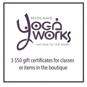 Logo for Midland Yoga Works with text about gift certificates for classes or items in the boutique.