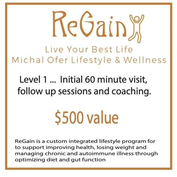 ReGain lifestyle and wellness program advertisement offering a $500 value for an initial 60-minute visit, including follow-up sessions and coaching, with a focus on health, weight loss, and managing chronic autoimmune illnesses.