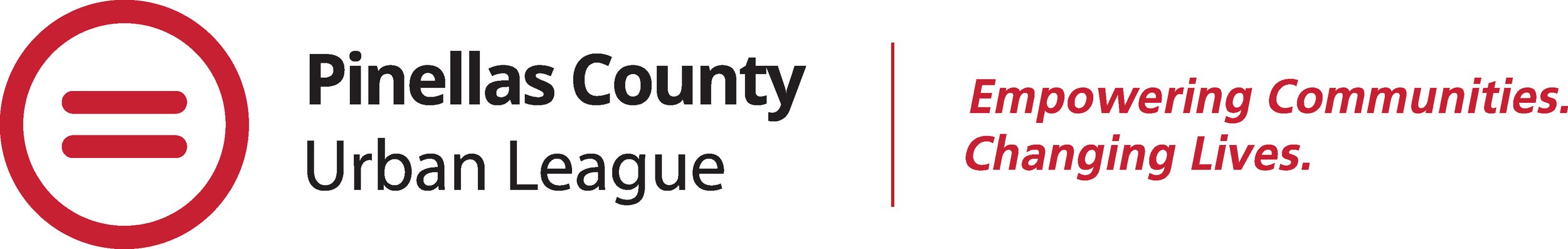 Logo of Pinellas County Urban League with tagline 'Empowering Communities. Changing Lives.' featuring an equal sign symbol within a red circle.