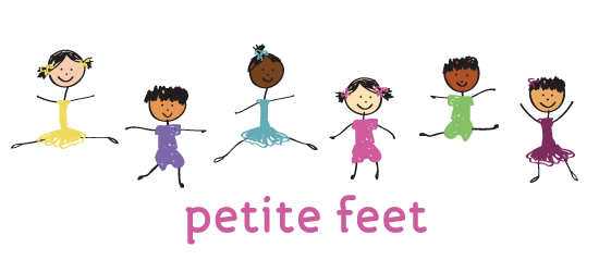 Illustration of six cute children with tiny feet, each wearing colorful clothes and smiling, with the words "petite feet" in pink below them.