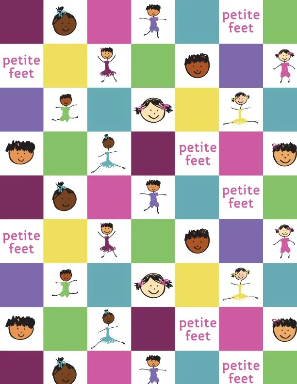 A woman and a young girl in a dance studio. The woman is standing, reaching upward with her right arm, and has her left hand on her hip. The girl is lying on the floor, on her stomach, with her legs bent and feet up, wearing a green dress. The studio has a wooden floor and a solid dark background.