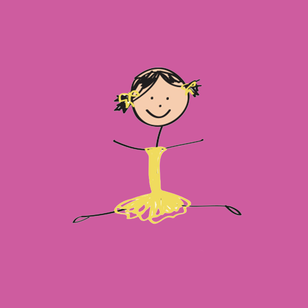 Illustration of a smiling child dancing in a yellow dress, representing creative dance and joyful movement for young children at Petite Feet Dance