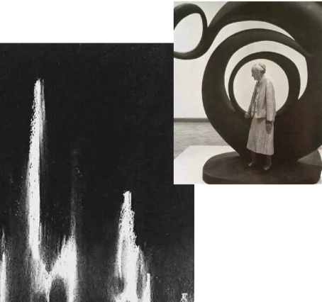 Mixed media artwork featuring black and white abstract water fountain and a sculpture of a person standing near a large, abstract circular sculpture.