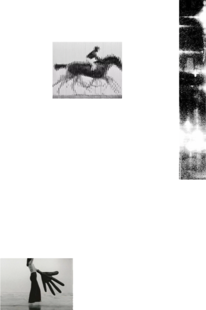 An animated black and white image of a horse with a rider on its back, a person wearing a glove, and a woman standing on a beach.