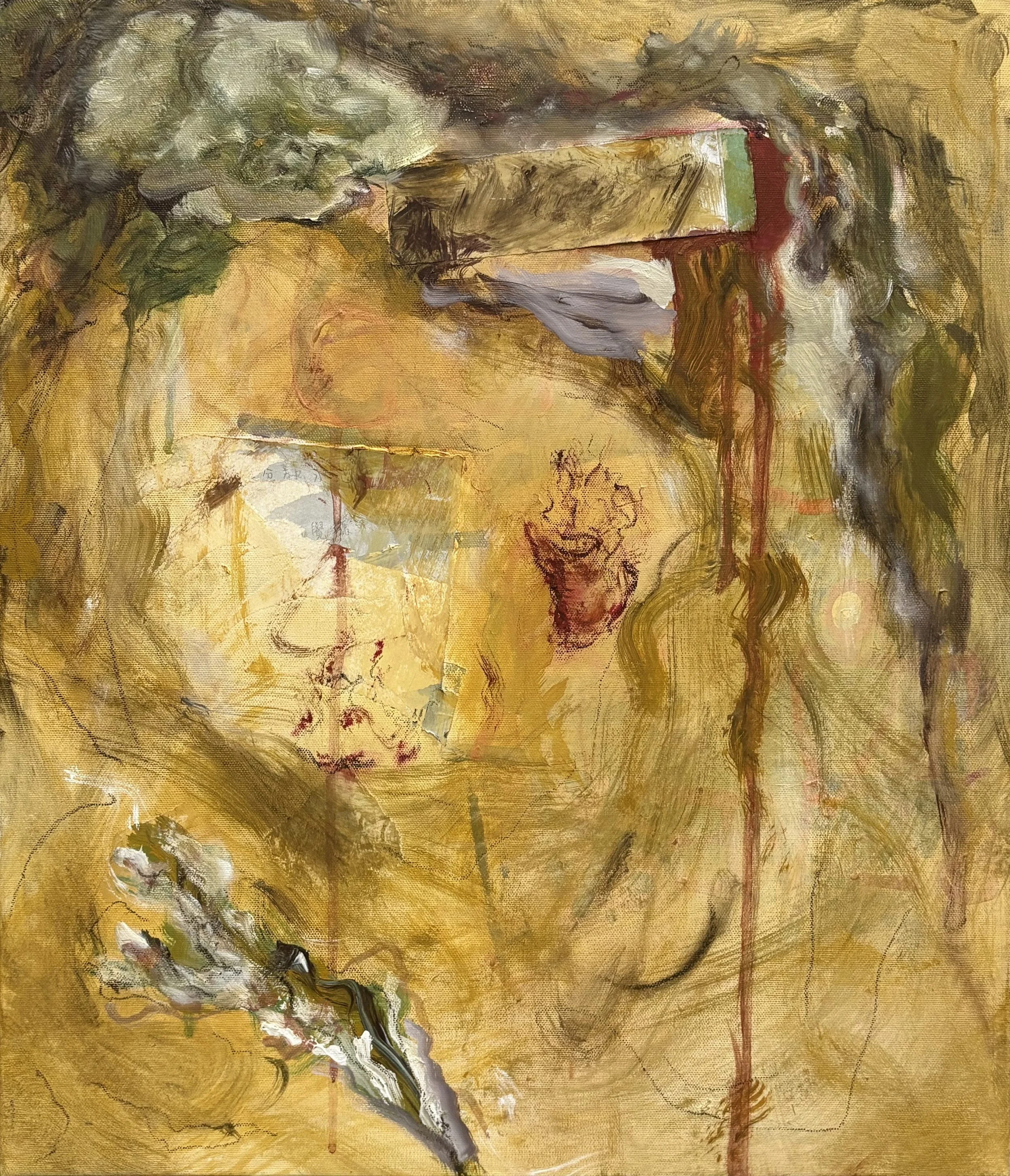 Memories in a Swamp, 2026. Oil, acrylic, paper and masking tape on canvas — 53 x 45.5 cm