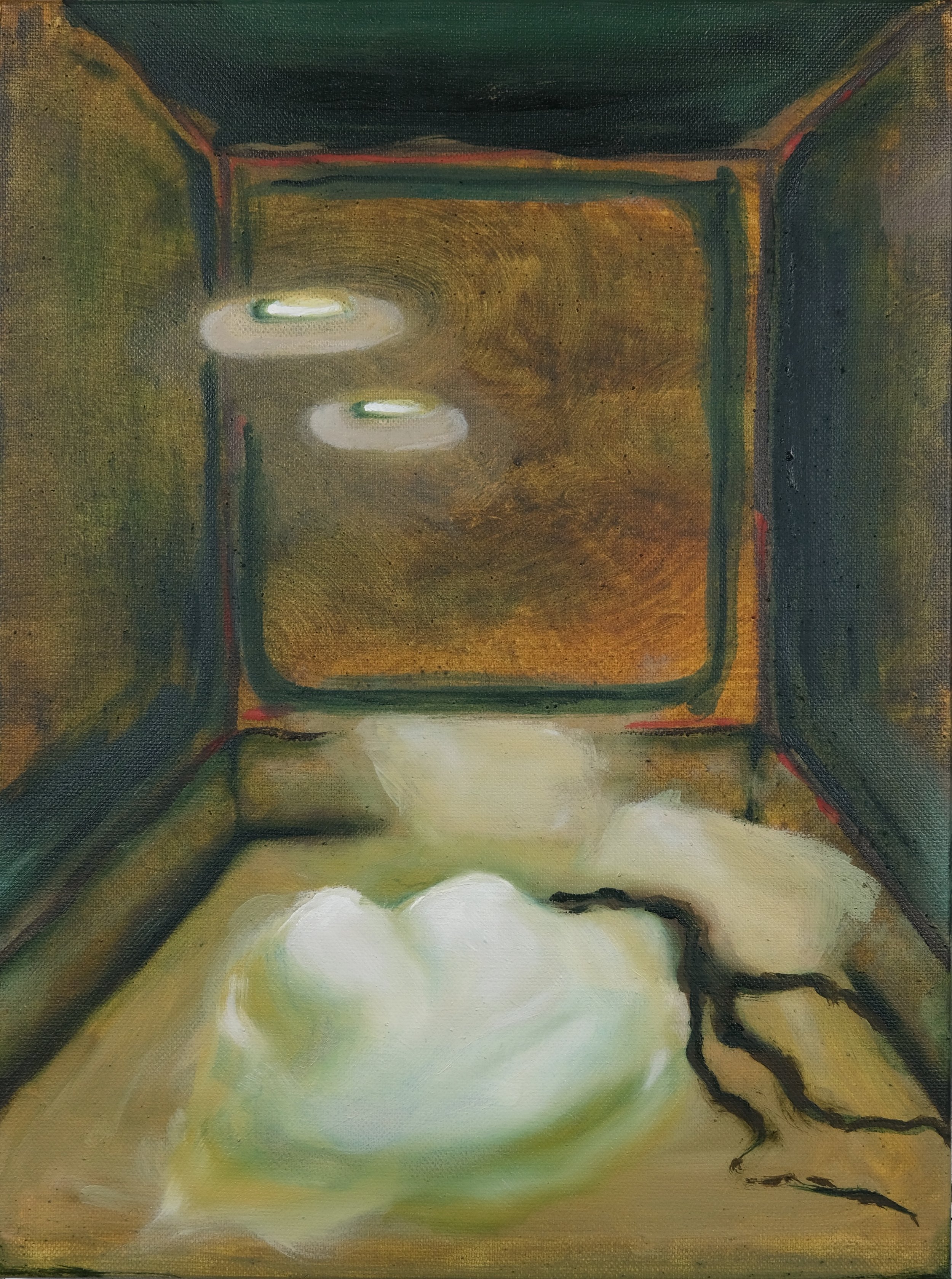 Shoreditch Hotel Room, 2026. Oil and acrylic on canvas — 40.64 x 30.48 cm