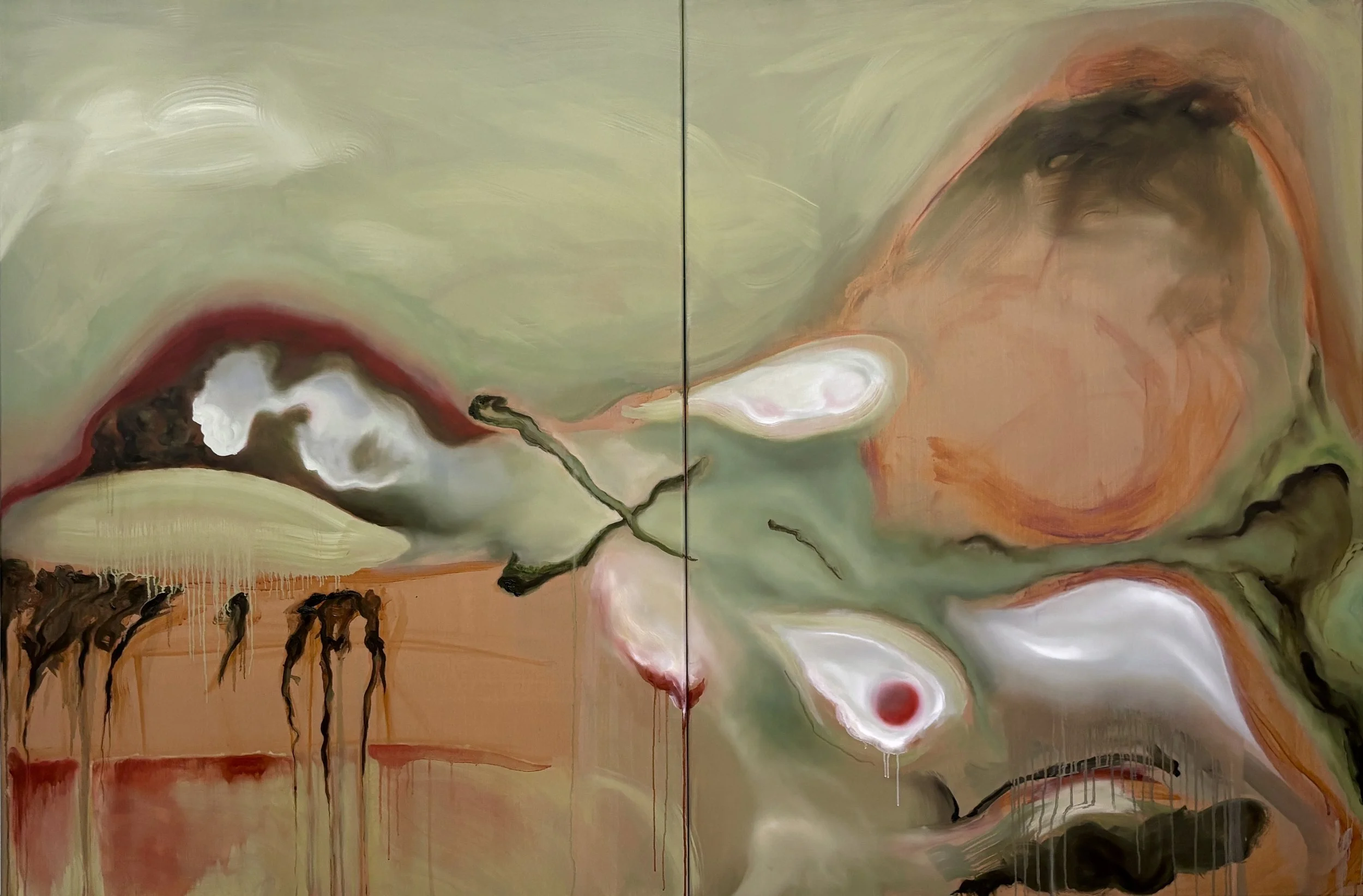 Lady of Shalott, 2026. Oil and flashe on canvas — 120 x 180 cm, diptych