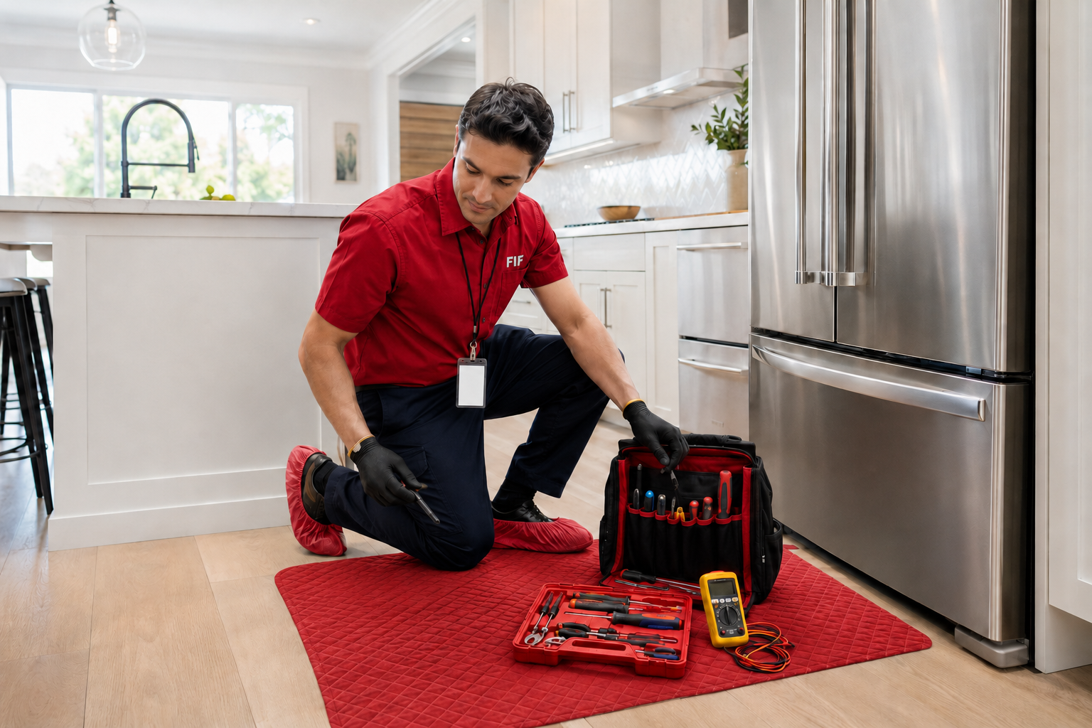 FIF appliance repair technician in a red uniform using red shoe covers and a red protective work mat during professional in-home service