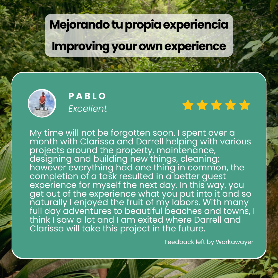 Customer review with a green background, including a profile picture of a person, five gold stars, and text in both Spanish and English about improving experience after hiring Clarissa and Darrell for property projects.