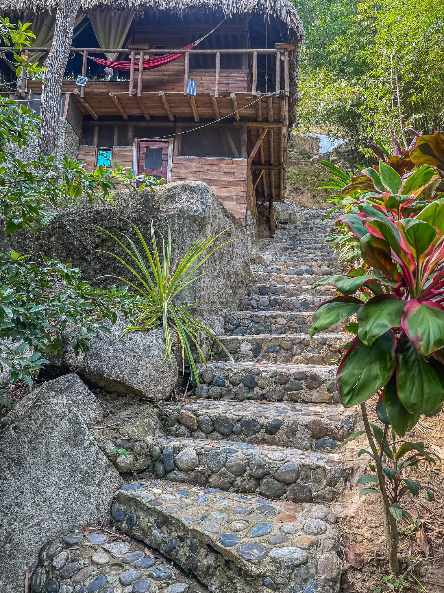Stone and pebble stairway leading up to a wooden bungalow on a hillside, surrounded by lush green plants and trees.