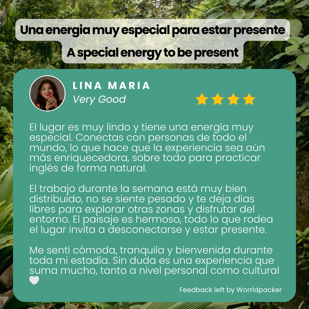 A digital review displayed on a background of green leaves and trees at a tropical or nature setting, featuring a quote and feedback from Lina Maria about a location's natural beauty, energy, and experience.