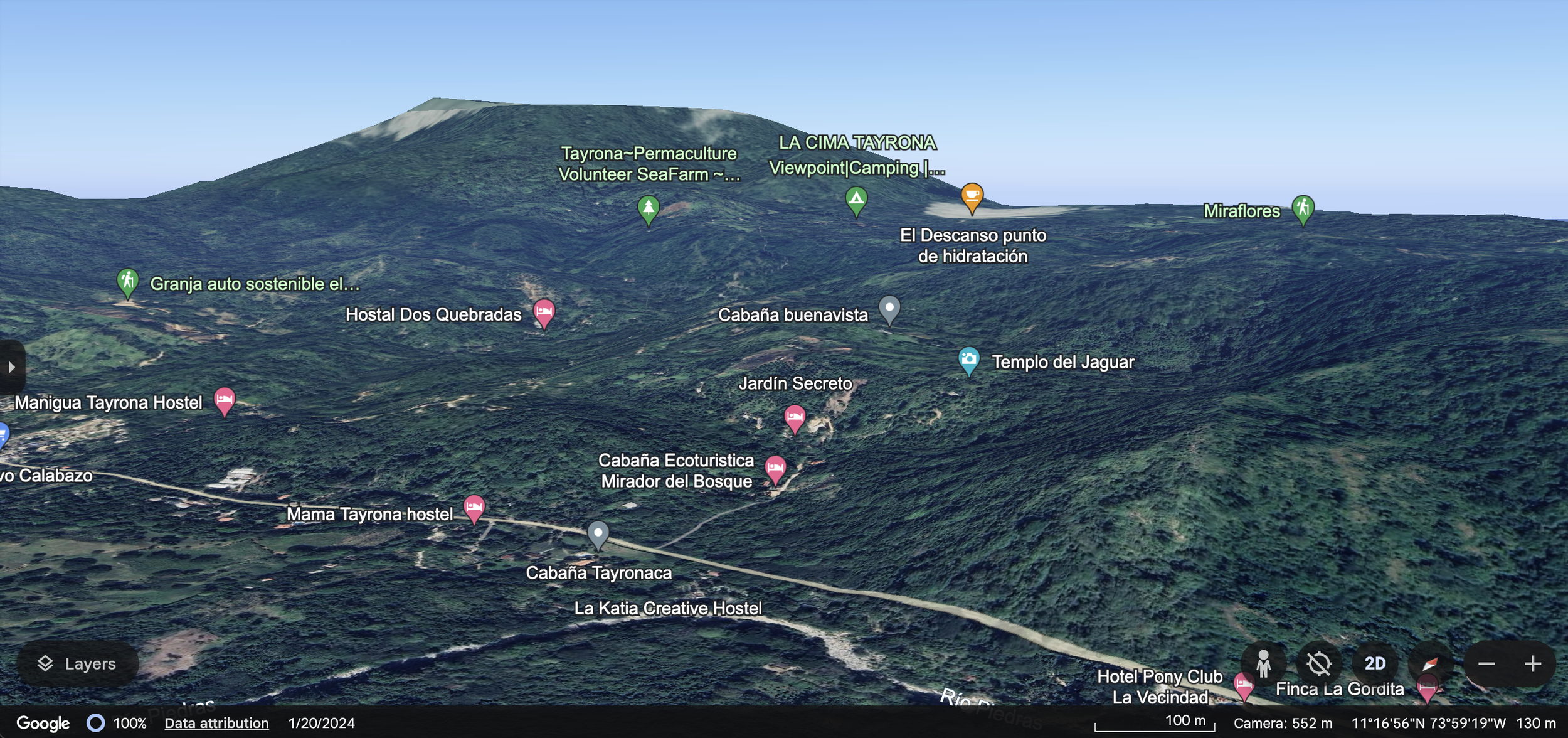 3D map view of a mountainous forest area with various labeled locations including hostels, eco-activities, viewpoints, and landmarks.
