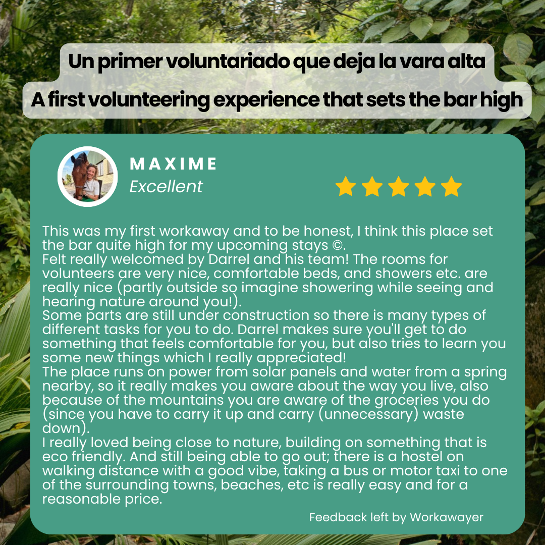 A review card for a volunteer experience, written in both Spanish and English, featuring a five-star rating, a profile picture of a woman with a horse, and a green natural background with foliage.