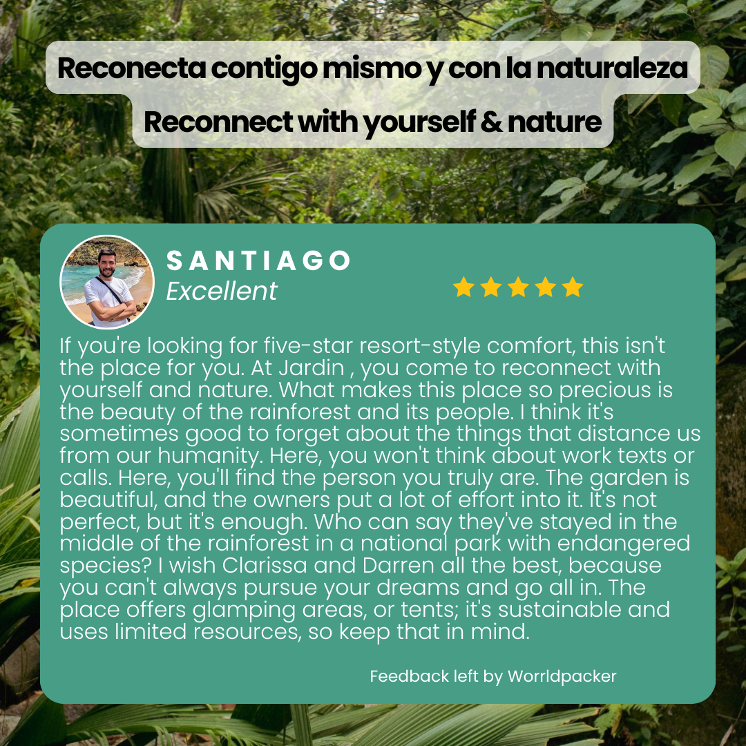 Review of Jardin, a rainforest resort emphasizing reconnecting with nature, featuring lush greenery and a smiling man in a white shirt