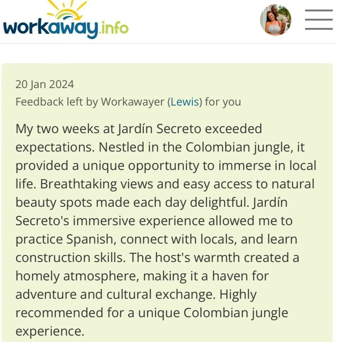 Screenshot of a review on workaway.info, dated January 20, 2024, describing a two-week stay at Jardín Secreto in Colombia, highlighting the immersive jungle experience, scenic views, cultural exchange, and warm hospitality.