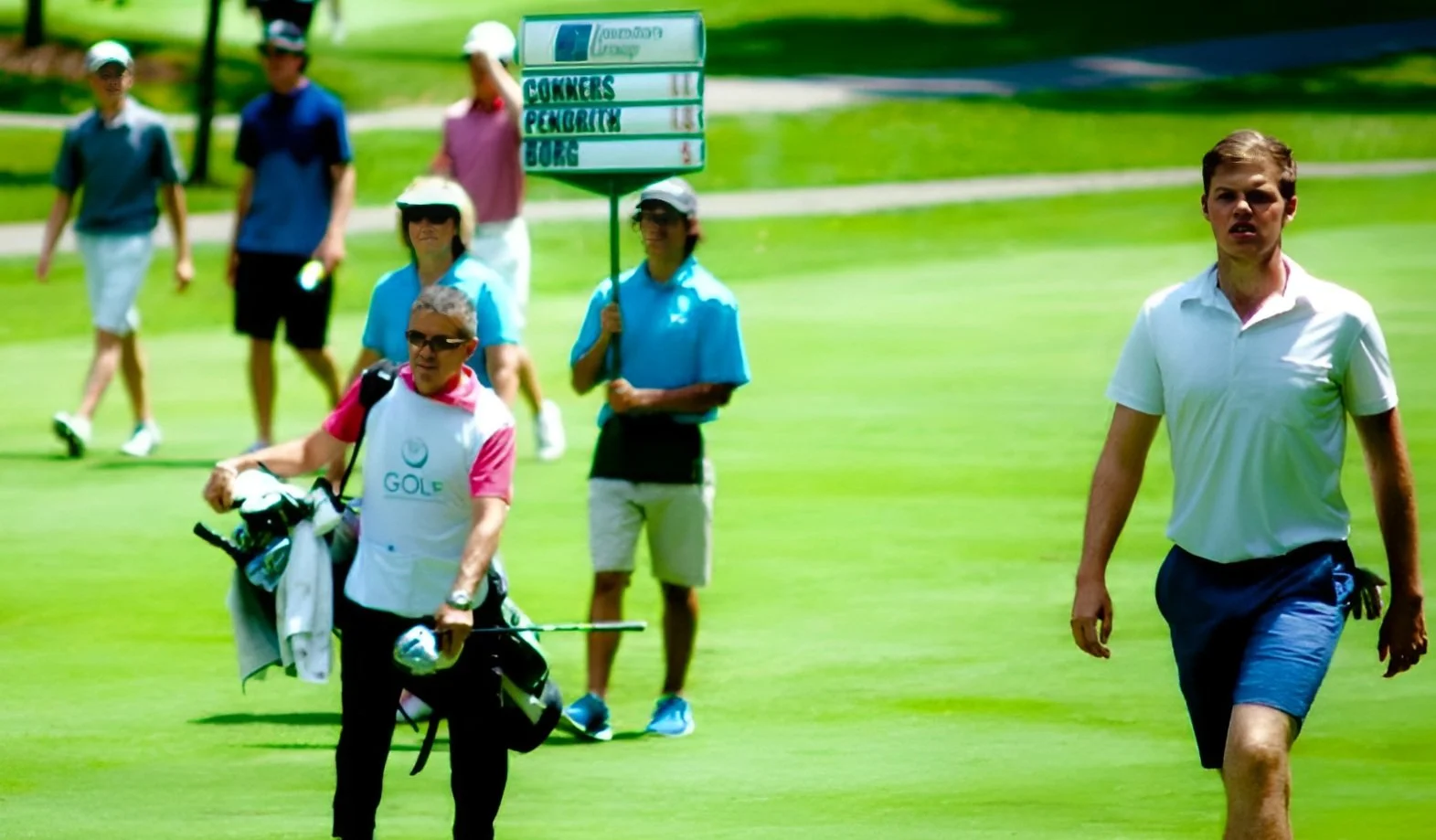 Group of people on a golf course, including a man with a golf bag and golfer, with a leaderboard displaying scores in the background.