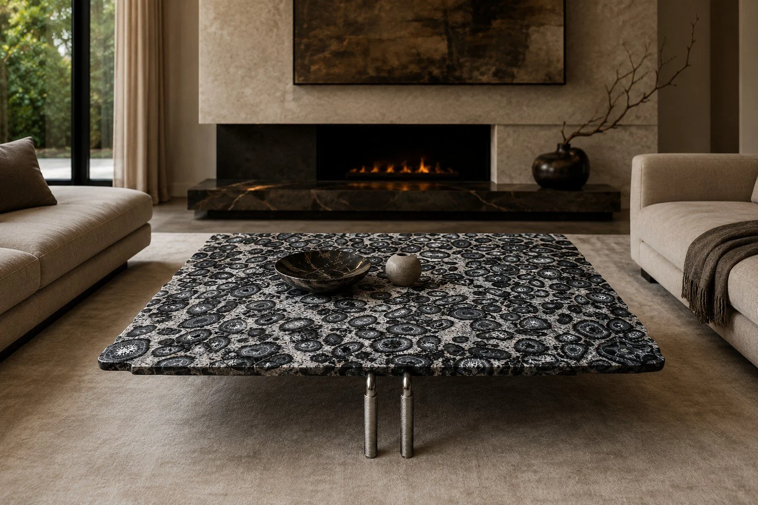 Living room with a black and white speckled coffee table, beige sofas, a modern fireplace, and a window with curtains.