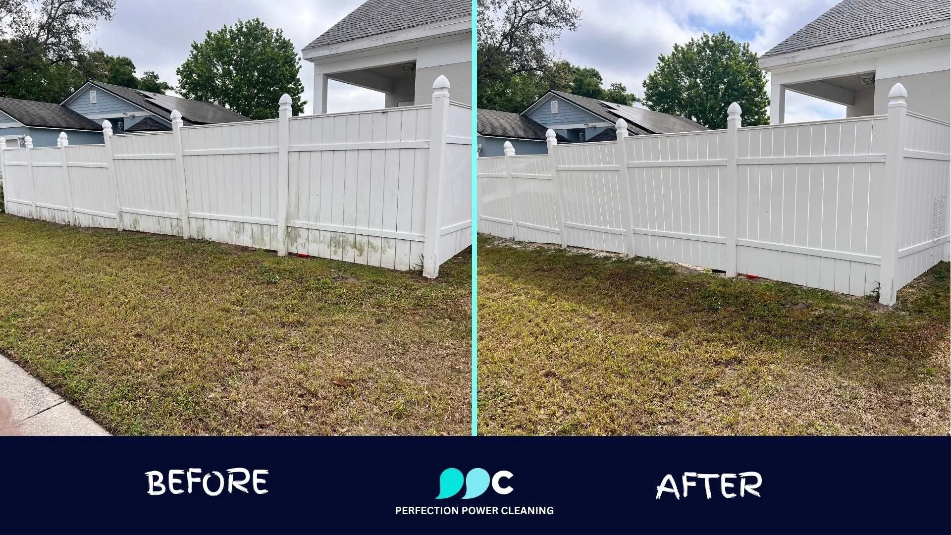 Before and after White PVC Fence Soft Wash in Oviedo