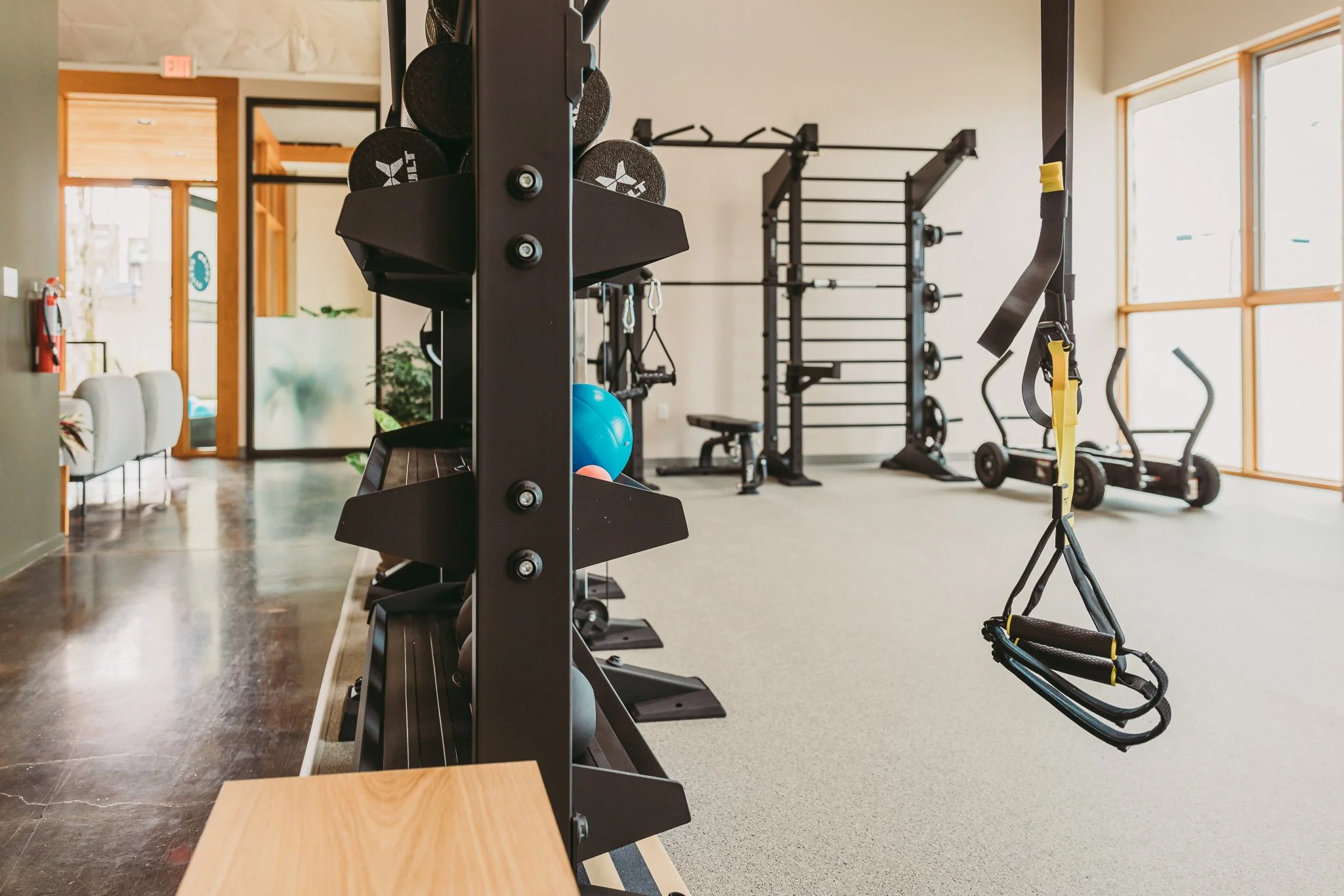 Group training room with weights, resistance bands and TRX bands